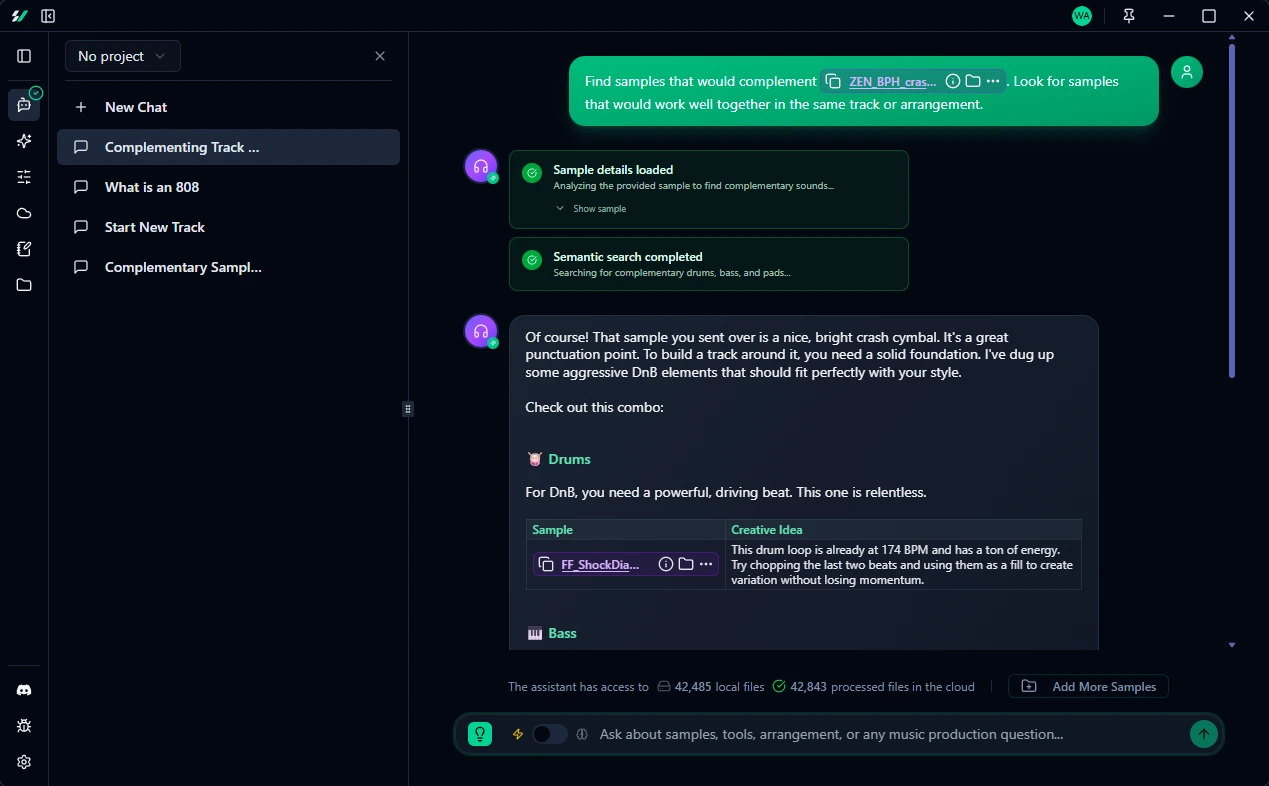Sample Vault showing AI-powered sample suggestions and recommendations