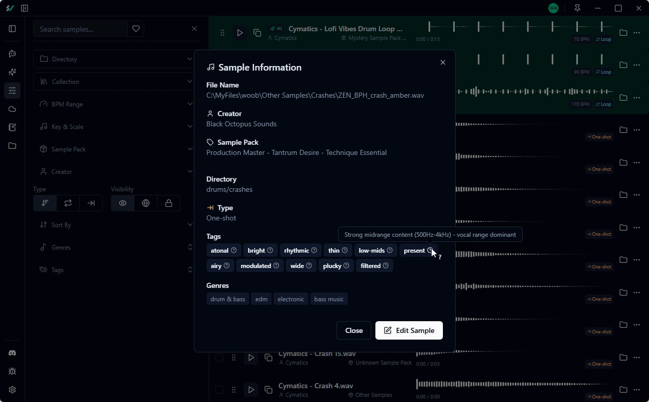 Sample Vault AI tagging interface showing BPM, key, genre, and mood labels on audio samples