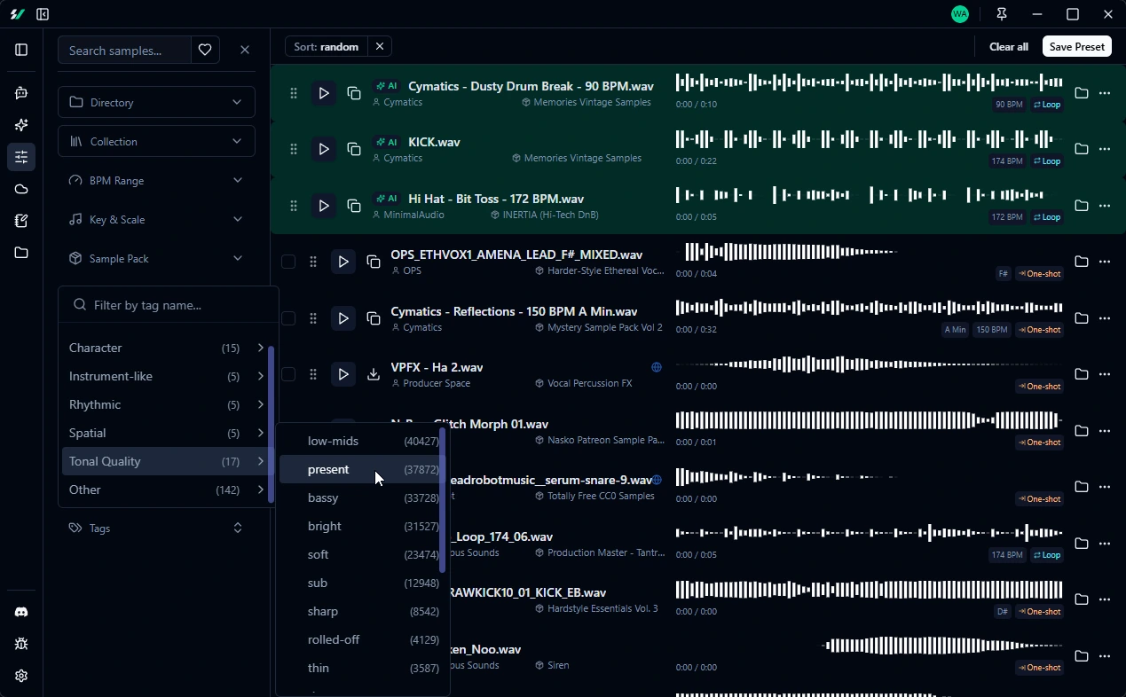 Sample Vault AI tagging interface showing BPM, key, genre, and mood labels on audio samples